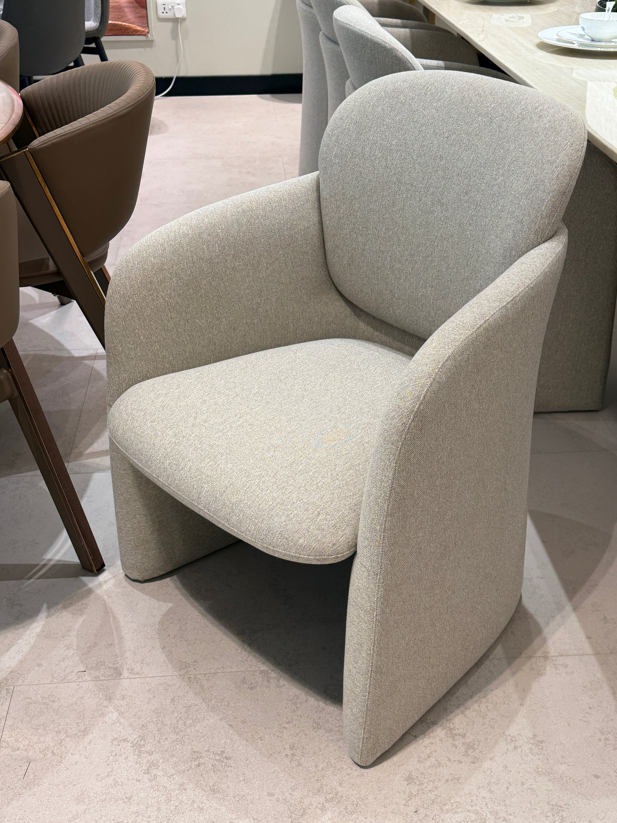 Modern Beige Upholstered Dining Armchair – Curved Fabric Chair
