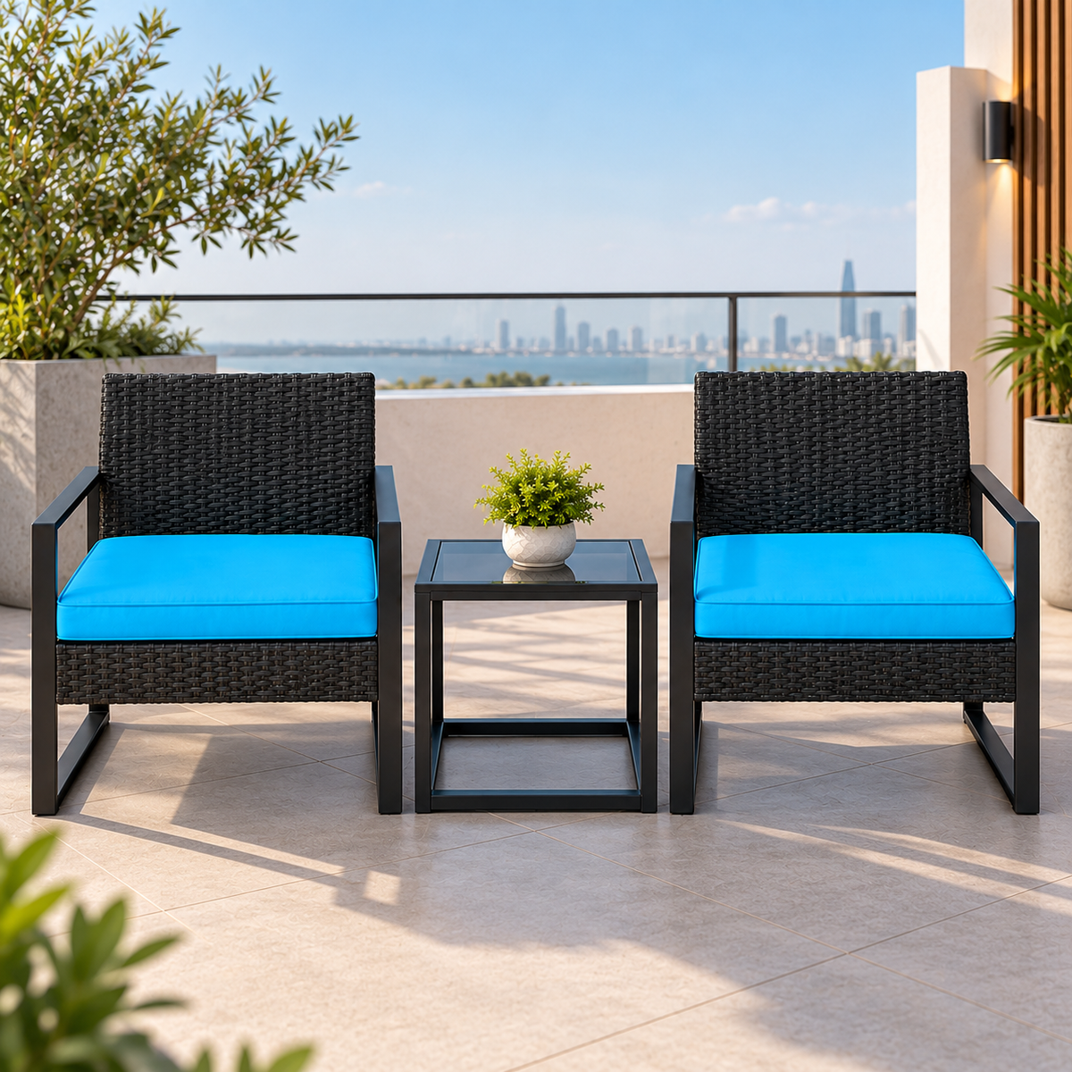 3-Piece Outdoor Rattan Furniture Set with 2 Chairs & Side Table – Blue Cushions