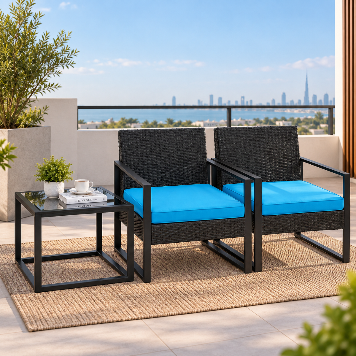 3-Piece Outdoor Rattan Furniture Set with 2 Chairs & Side Table – Blue Cushions