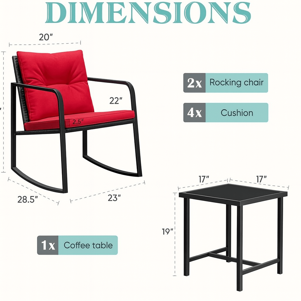 3 - Piece Outdoor Wicker Rocking Chair Set with Coffee Table – Black Frame & Red Cushions - SHAGHAF HOME
