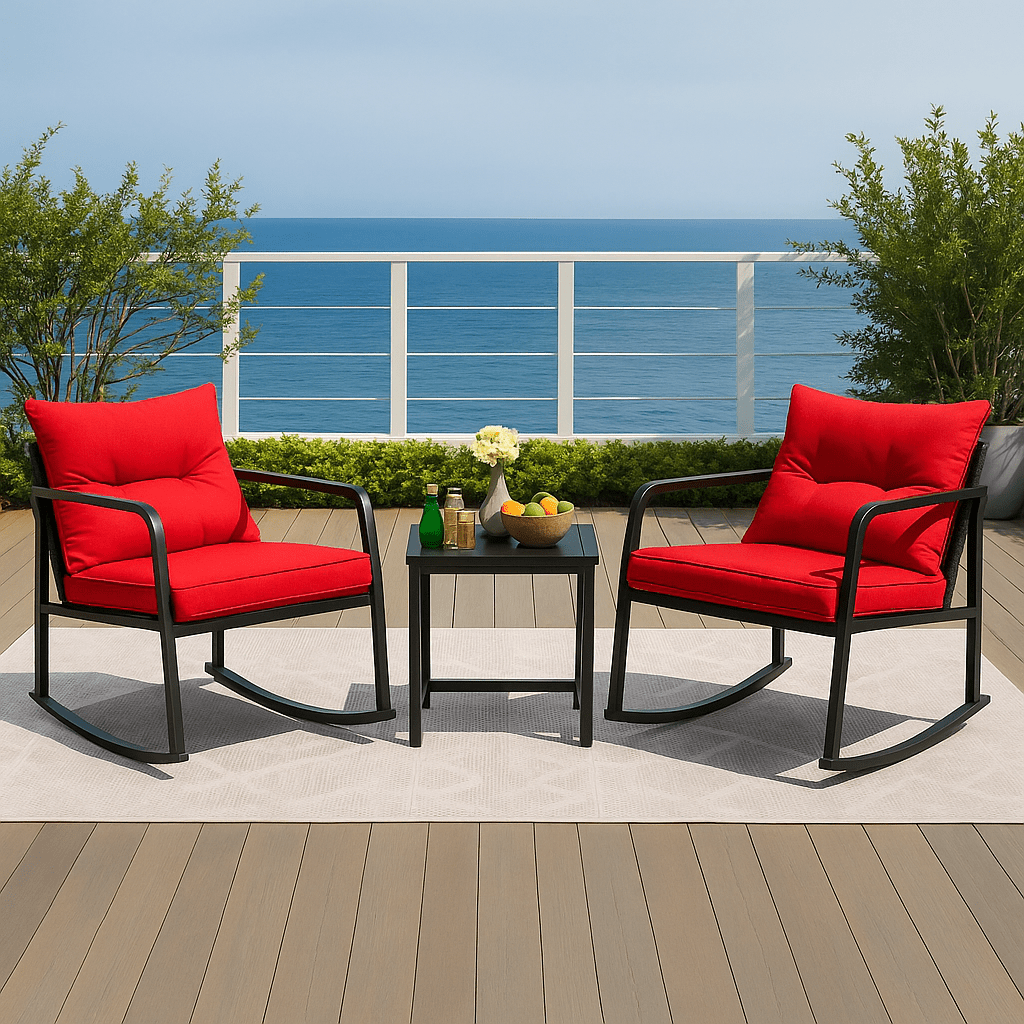 3 - Piece Outdoor Wicker Rocking Chair Set with Coffee Table – Black Frame & Red Cushions - SHAGHAF HOME