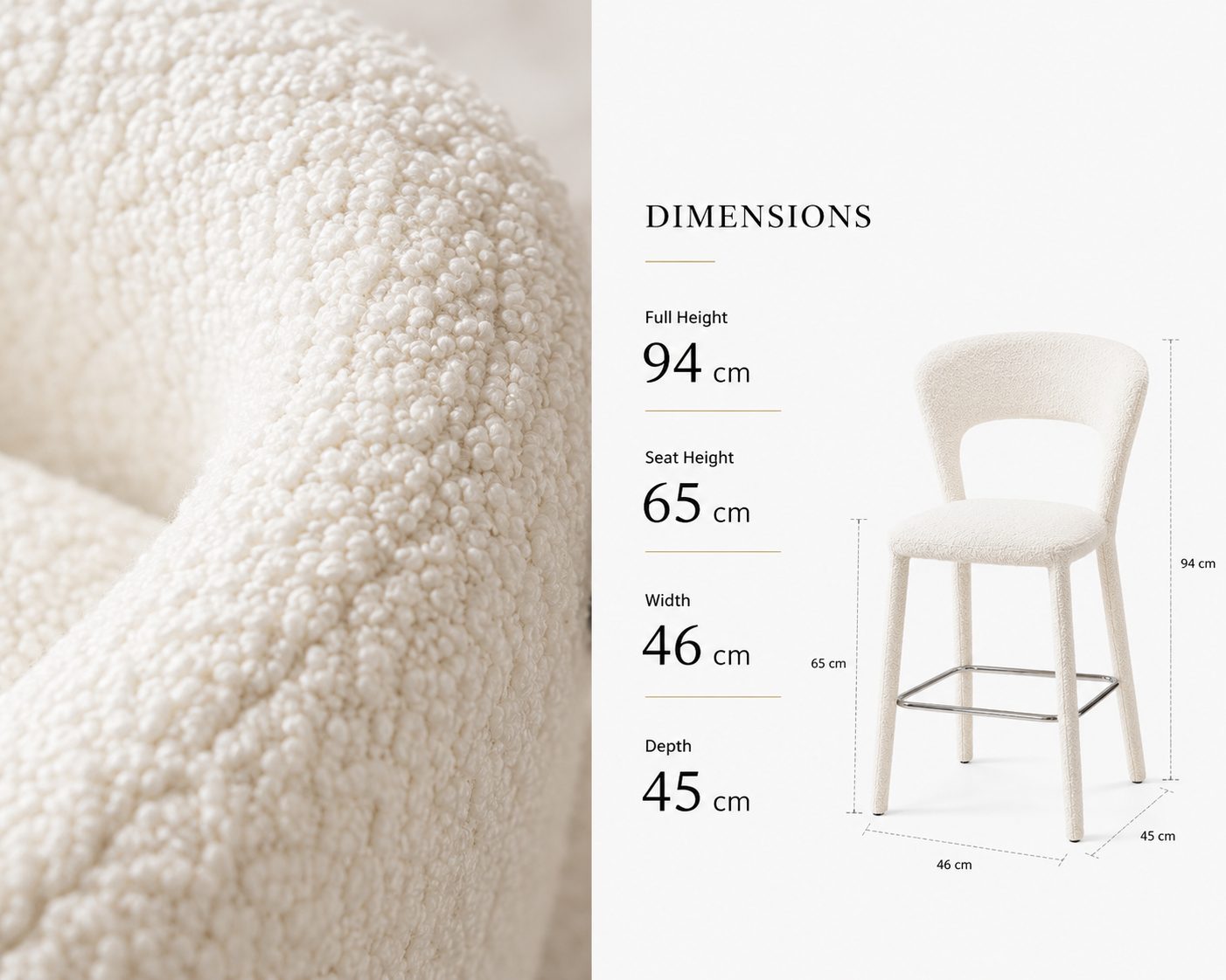 Modern White Bouclé Bar Chair with Chrome Footrest