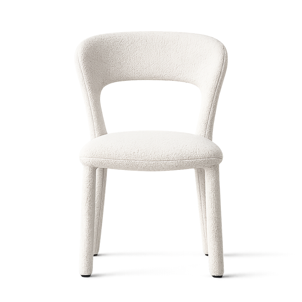 Sculptural Bouclé Dining Chair with Open Backrest – Modern Ivory Upholstered Dining Chair