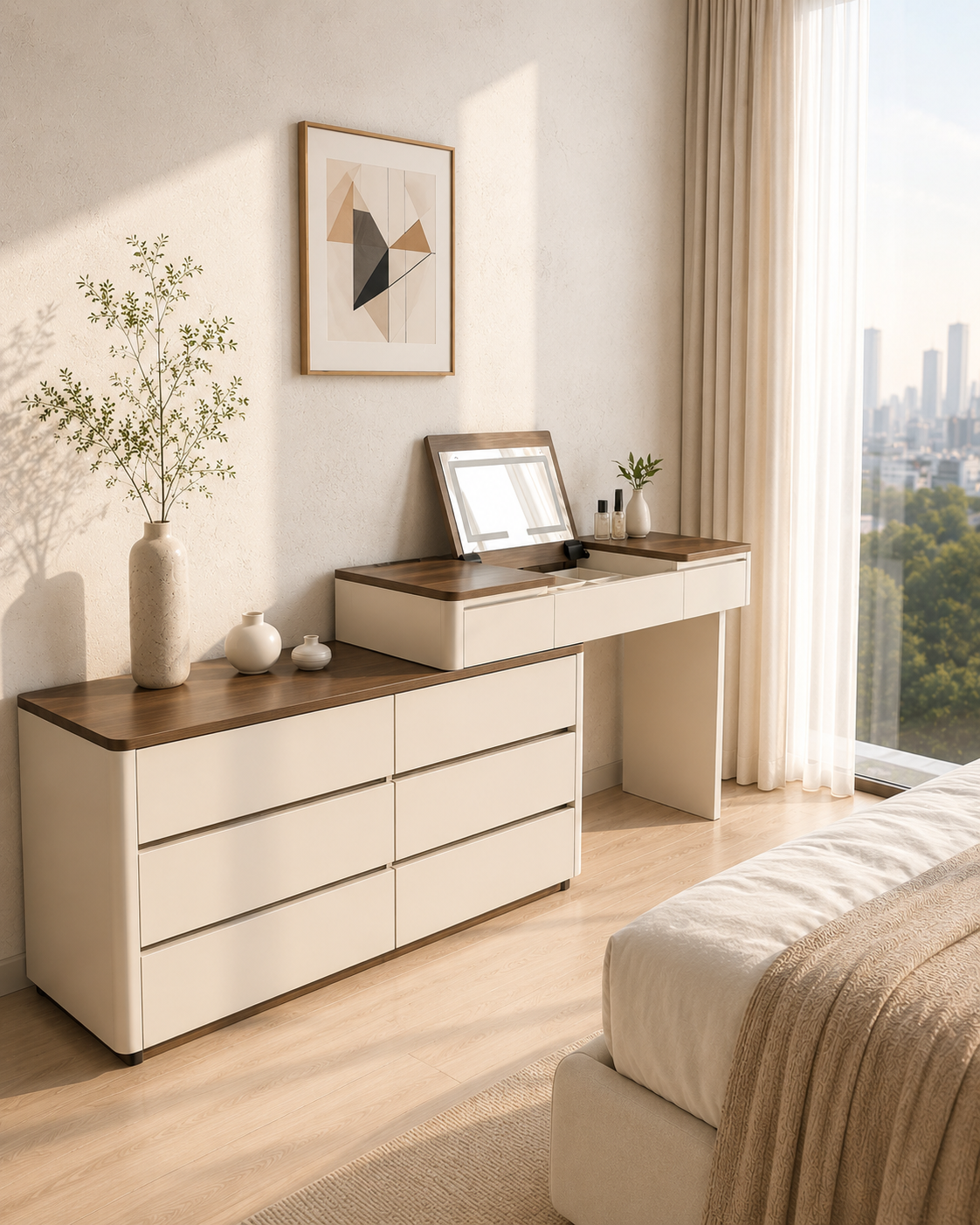 Aria Luxe Dresser Modern Walnut & Beige Vanity Dresser Set with LED Mirror & Storage Drawers