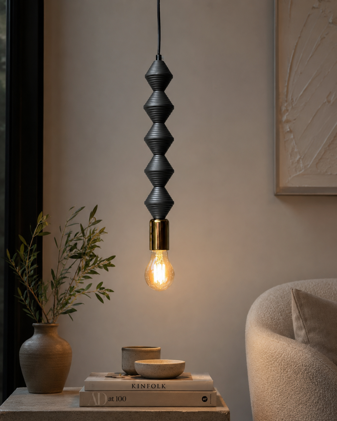 Modern Sculptural Pendant Light – Dark Grey | E27 Single Bulb Hanging Ceiling Lamp