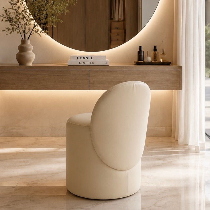Modern Beige Artificial Leather Vanity Pouf Chair with Curved Backrest