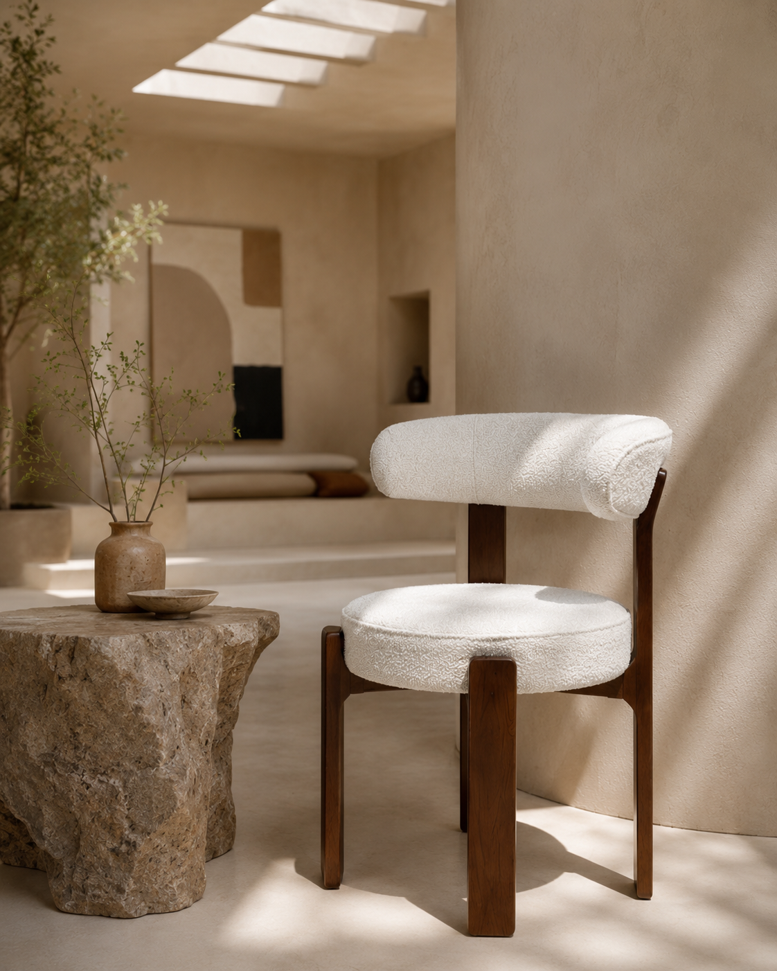 Designer Bouclé Dining Chair with Curved Backrest