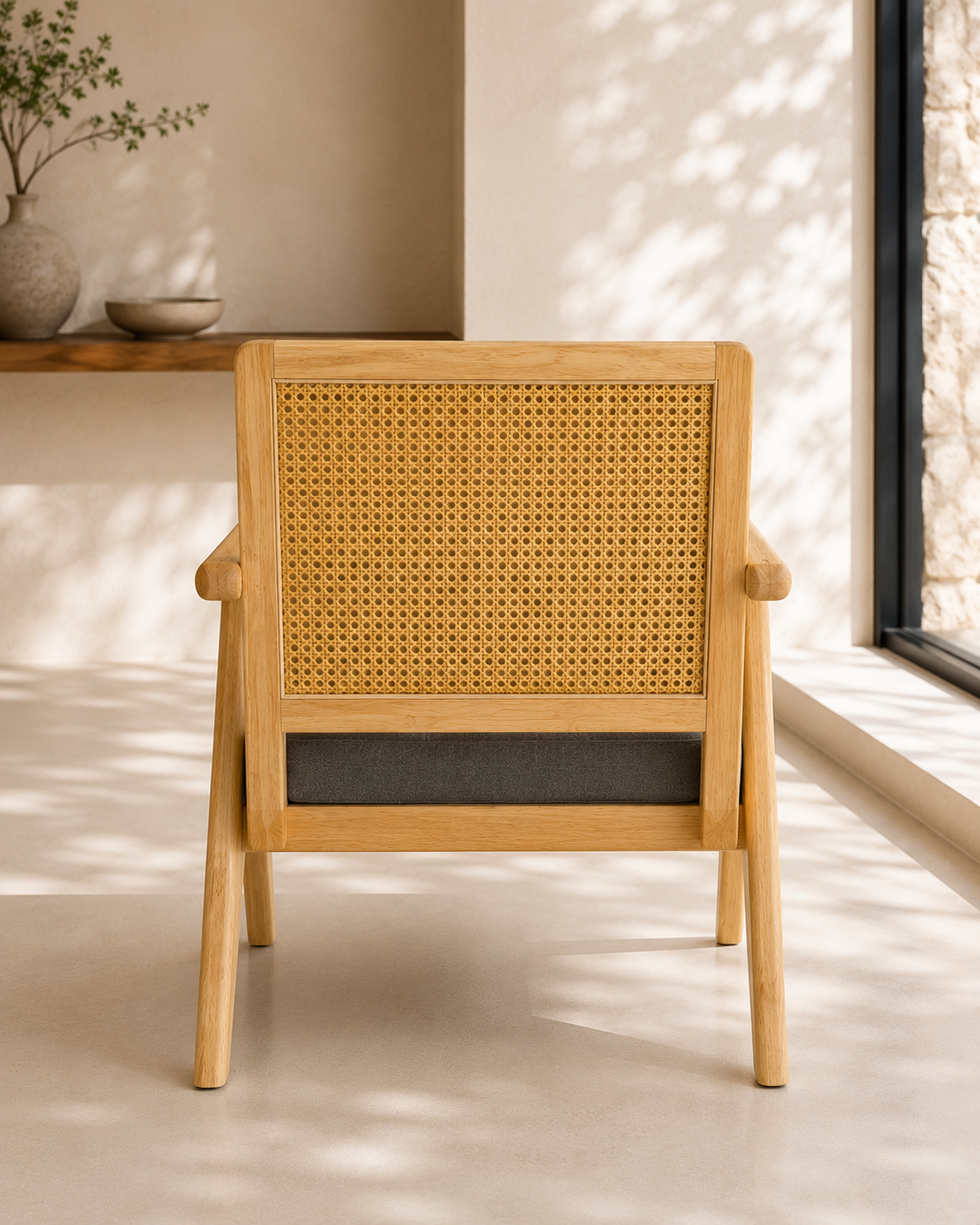 Solid Oak Lounge Chair with Handwoven Rattan Backrest