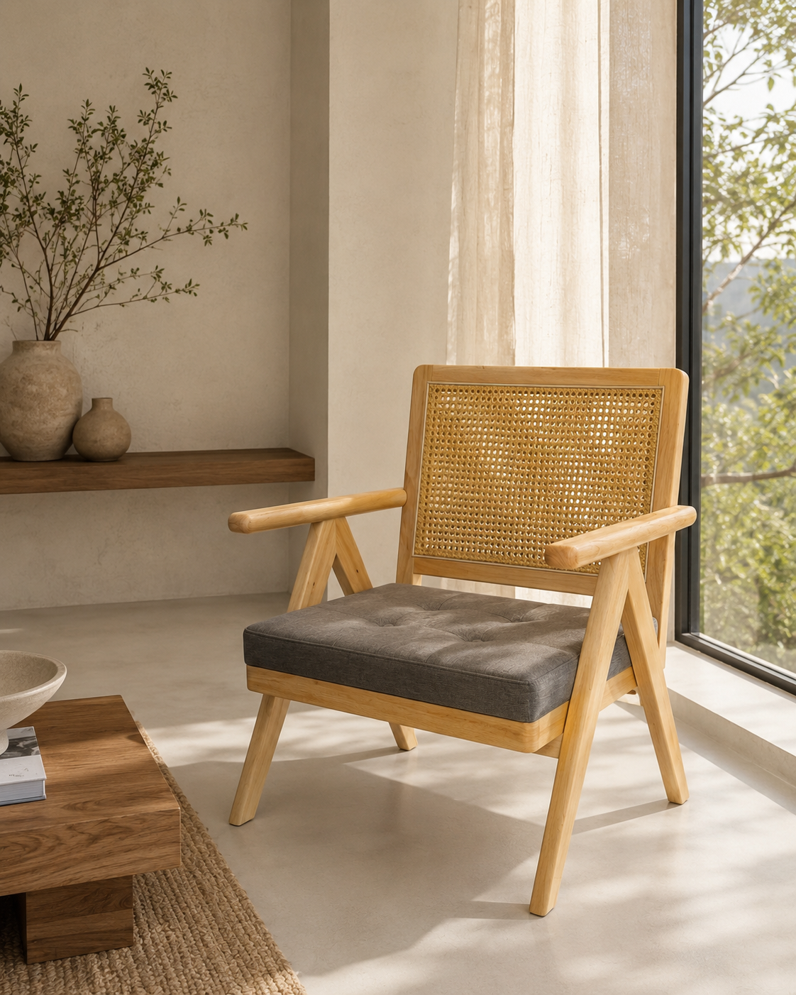Solid Oak Lounge Chair with Handwoven Rattan Backrest