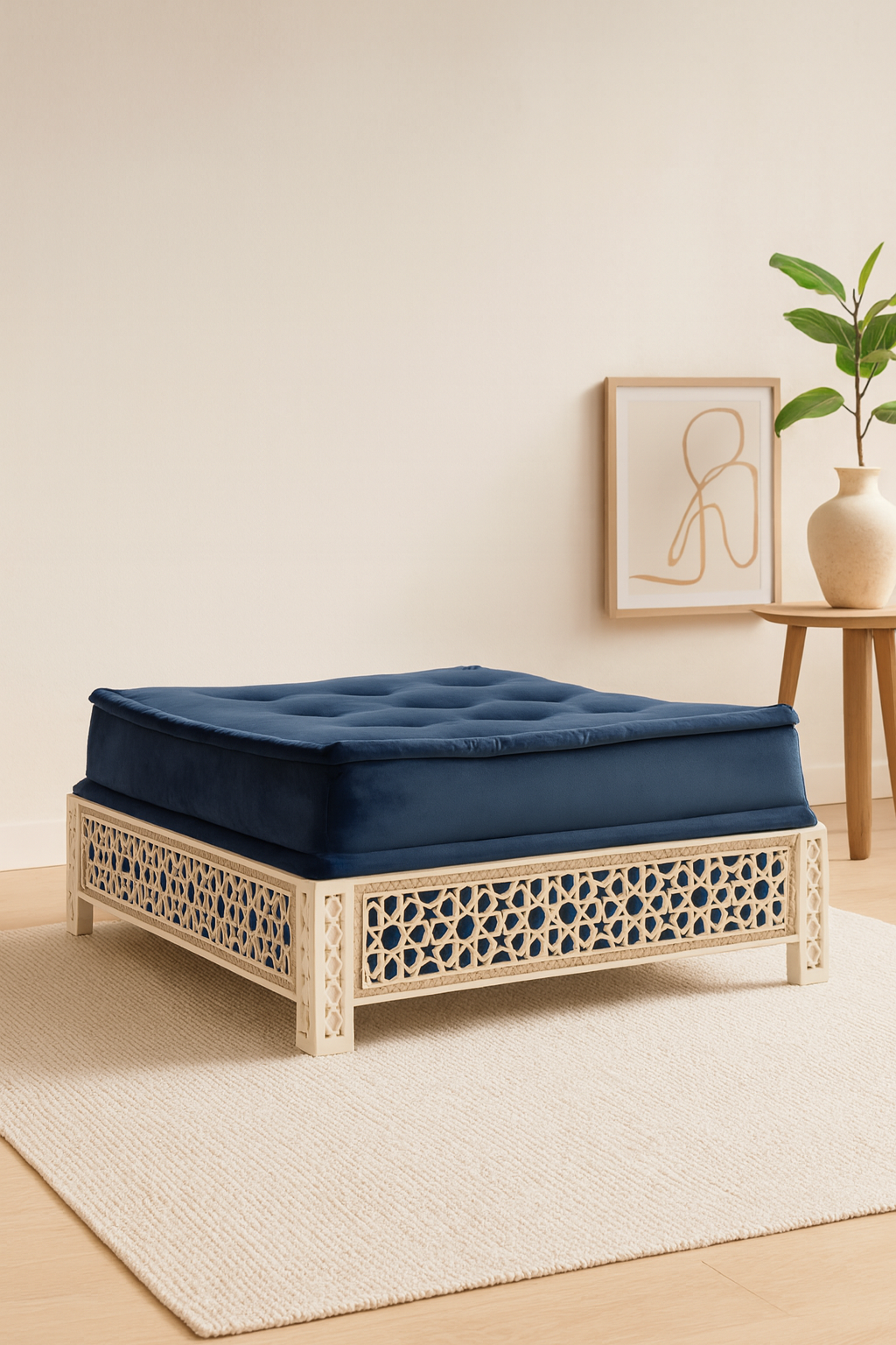 Damascus Mother of Pearl Ottoman - Blue Suede Upholstery