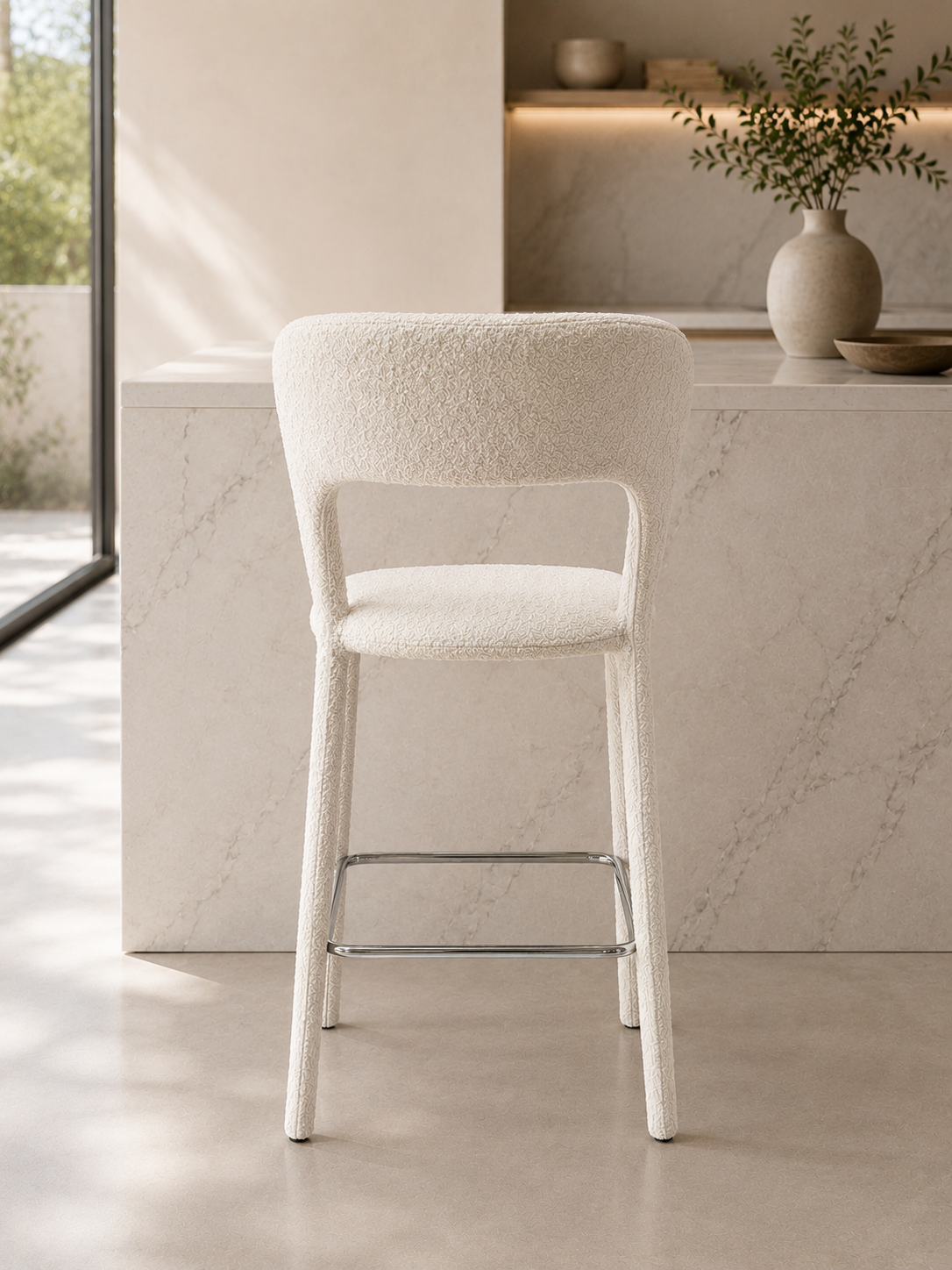 Modern White Bouclé Bar Chair with Chrome Footrest