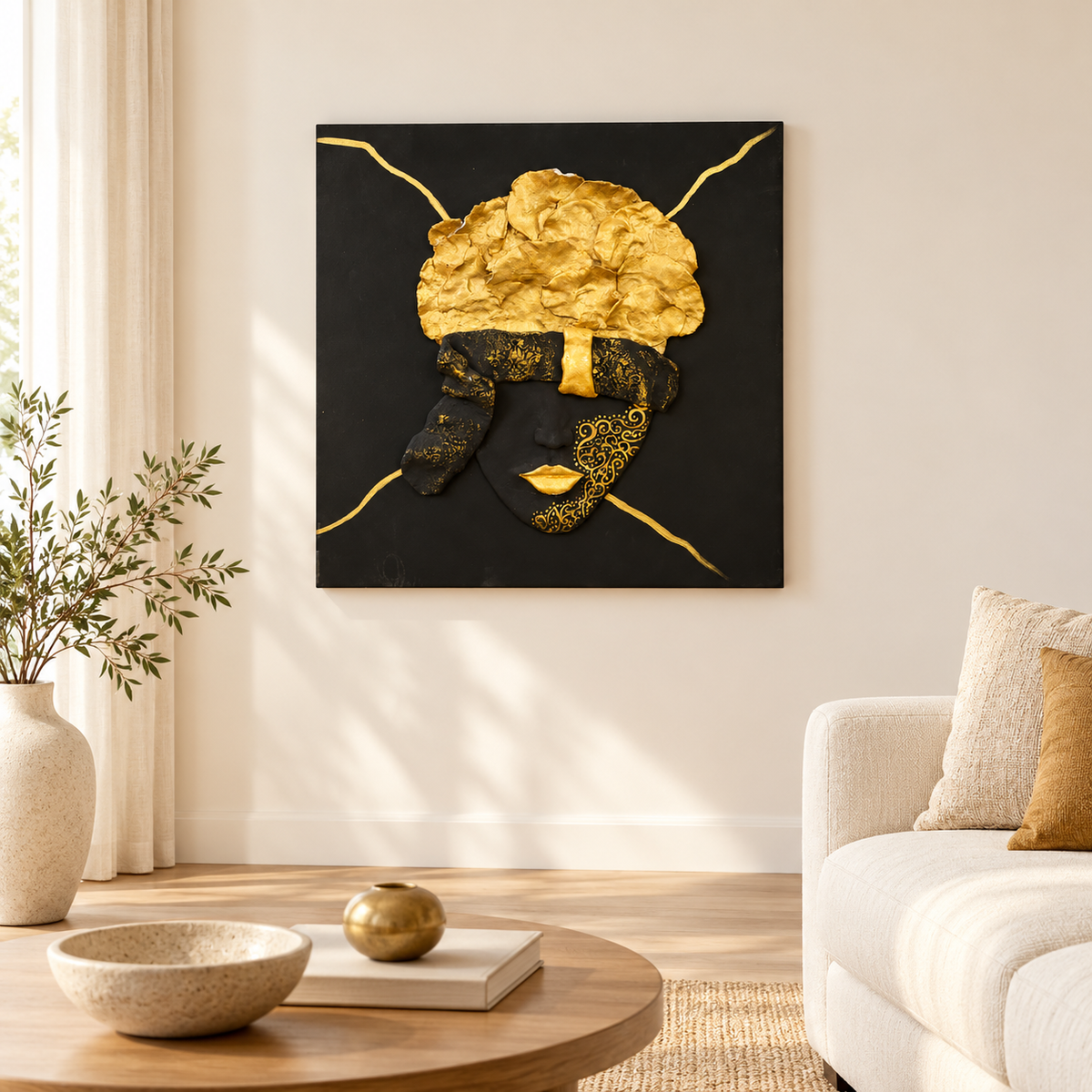 Handmade Black & Gold Blindfolded Face Wall Art 50×50 cm | SHAGHAF HOME UAE