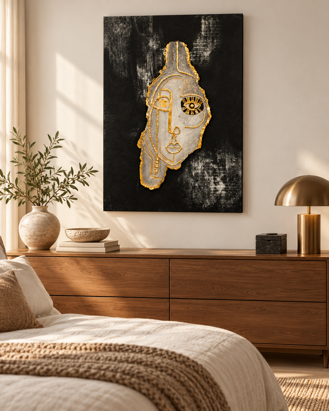 Handmade Abstract Face Painting with Gold Accents 90×60 cm | SHAGHAF HOME UAE