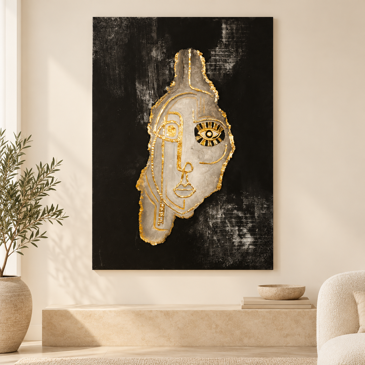 Handmade Abstract Face Painting with Gold Accents 90×60 cm | SHAGHAF HOME UAE