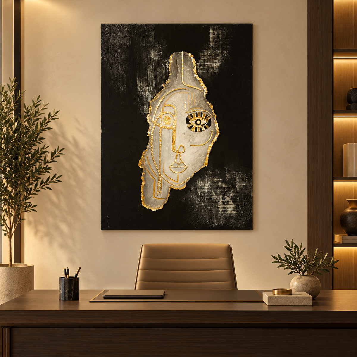 Handmade Abstract Face Painting with Gold Accents 90×60 cm | SHAGHAF HOME UAE