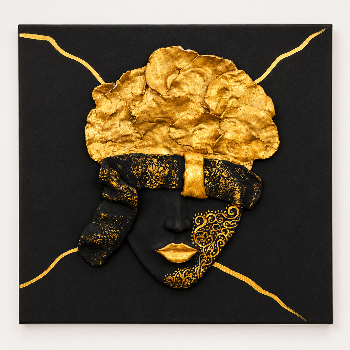 Handmade Black & Gold Blindfolded Face Wall Art 50×50 cm | SHAGHAF HOME UAE