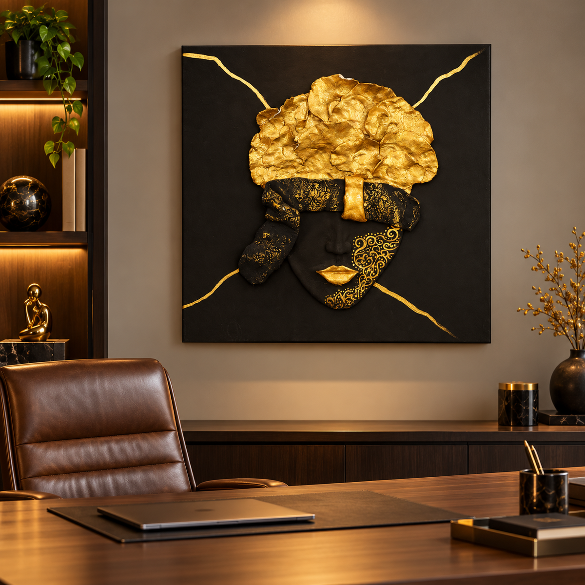 Handmade Black & Gold Blindfolded Face Wall Art 50×50 cm | SHAGHAF HOME UAE