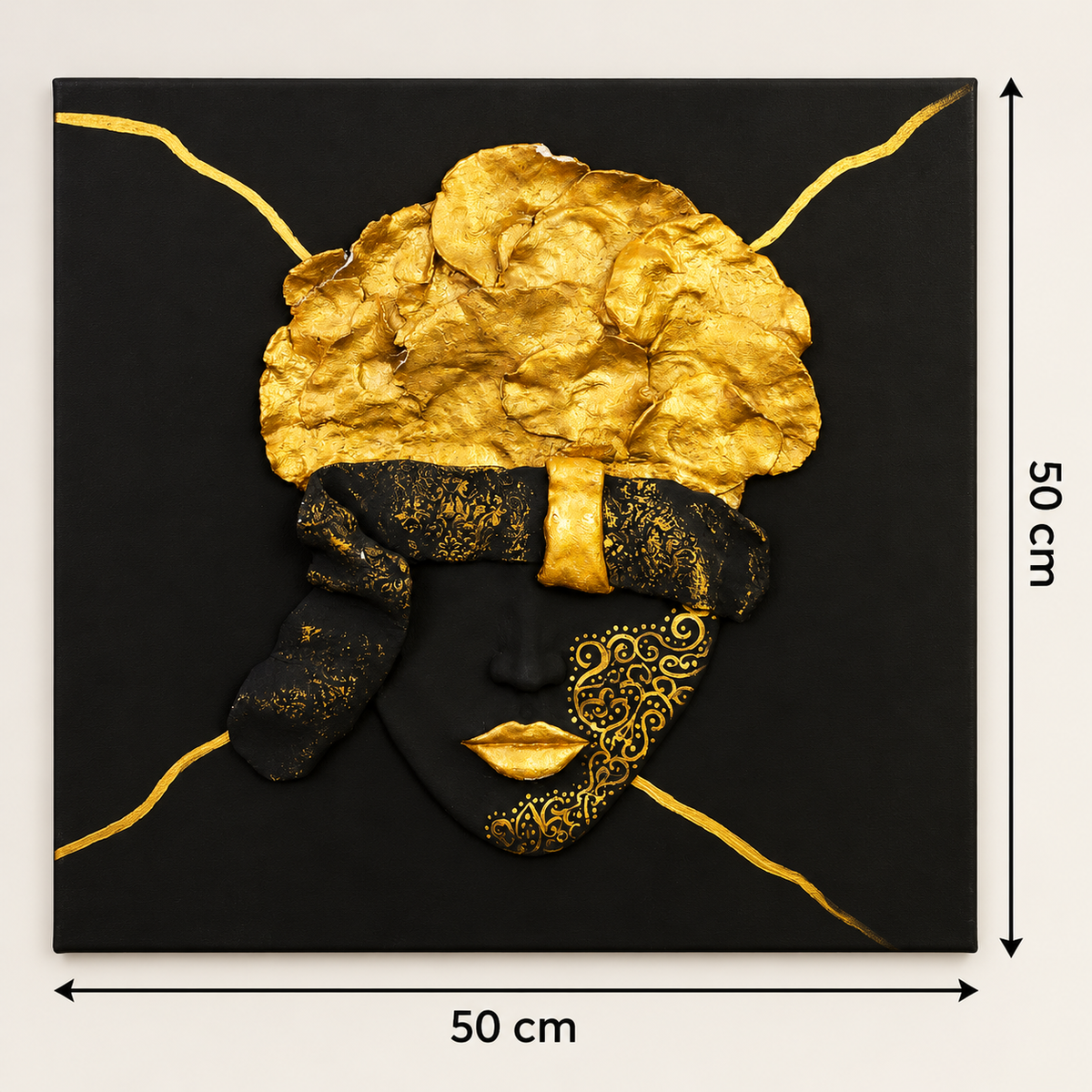 Handmade Black & Gold Blindfolded Face Wall Art 50×50 cm | SHAGHAF HOME UAE