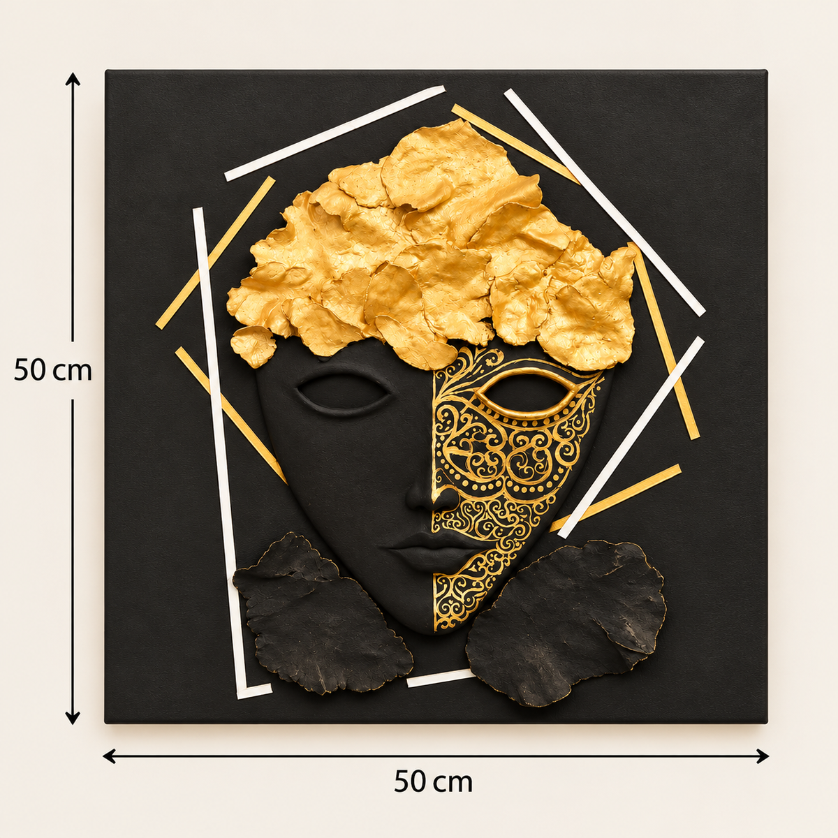 Handmade Black & Gold Sculptural Face Wall Art 50×50 cm | SHAGHAF HOME UAE