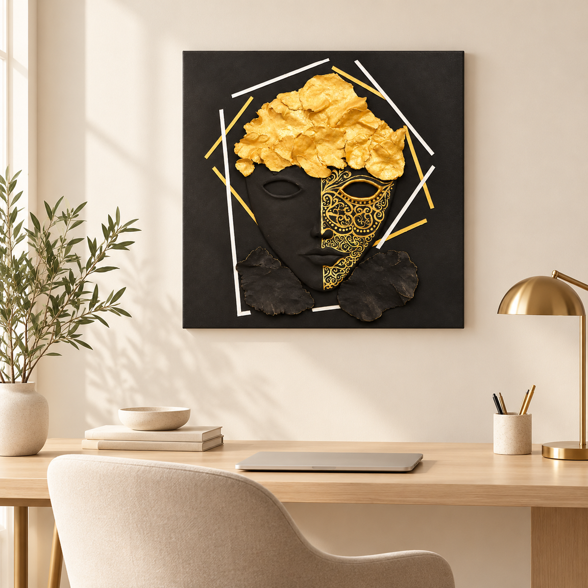 Handmade Black & Gold Sculptural Face Wall Art 50×50 cm | SHAGHAF HOME UAE