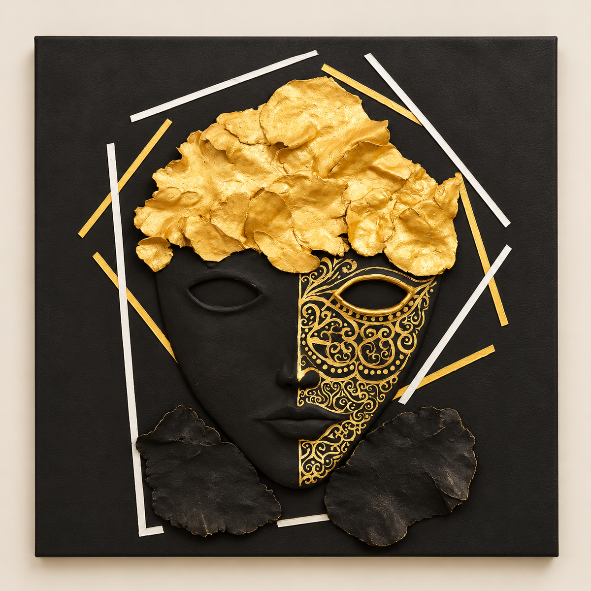 Handmade Black & Gold Sculptural Face Wall Art 50×50 cm | SHAGHAF HOME UAE
