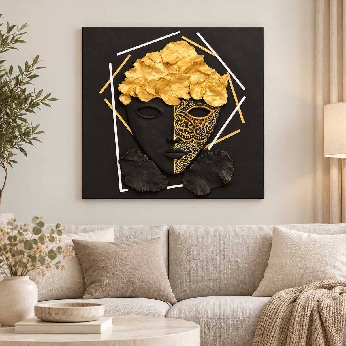Handmade Black & Gold Sculptural Face Wall Art 50×50 cm | SHAGHAF HOME UAE