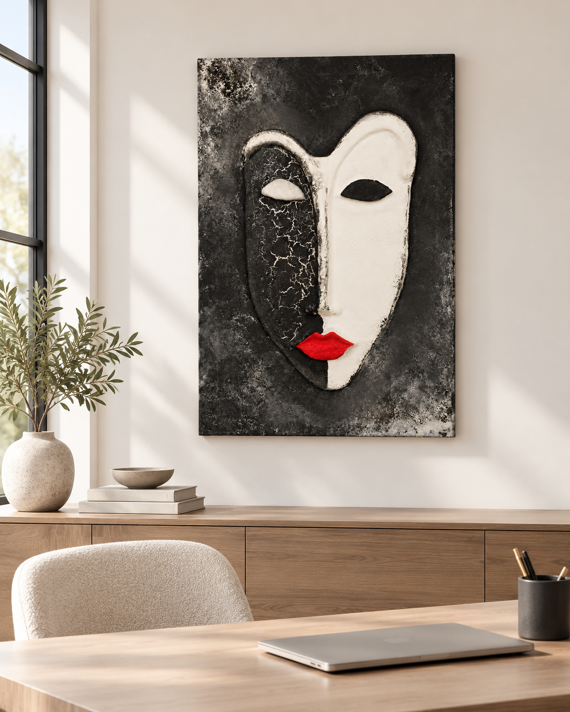 Handmade Black & White Abstract Face Wall Art 60×40 cm | SHAGHAF HOME UAE