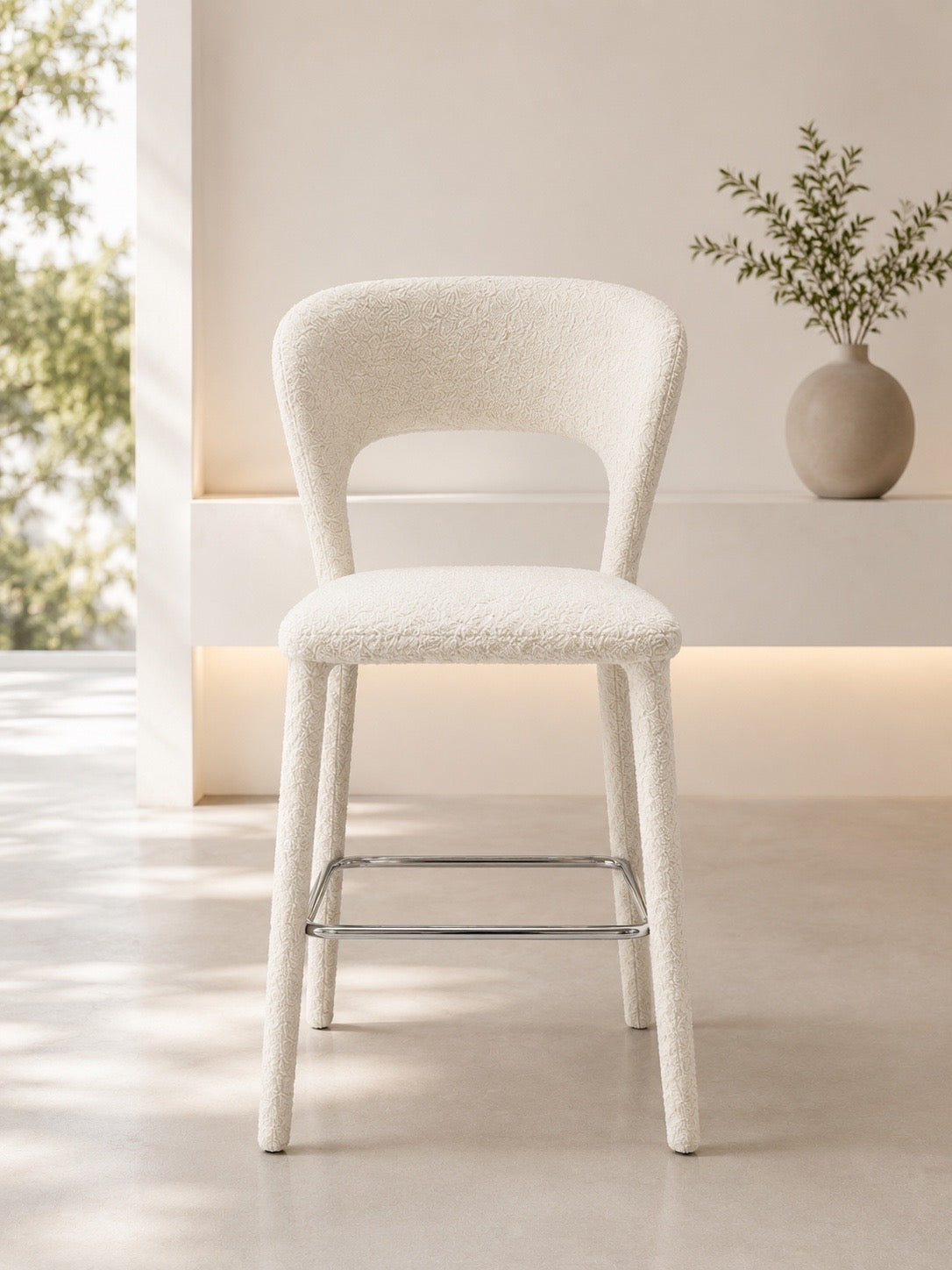 Modern White Bouclé Bar Chair with Chrome Footrest