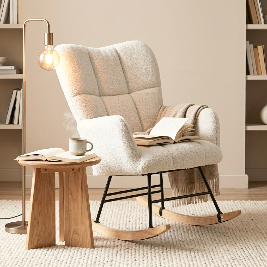 Serene Bouclé Rocking Accent Chair — Modern Upholstered Glider with Wood Rockers