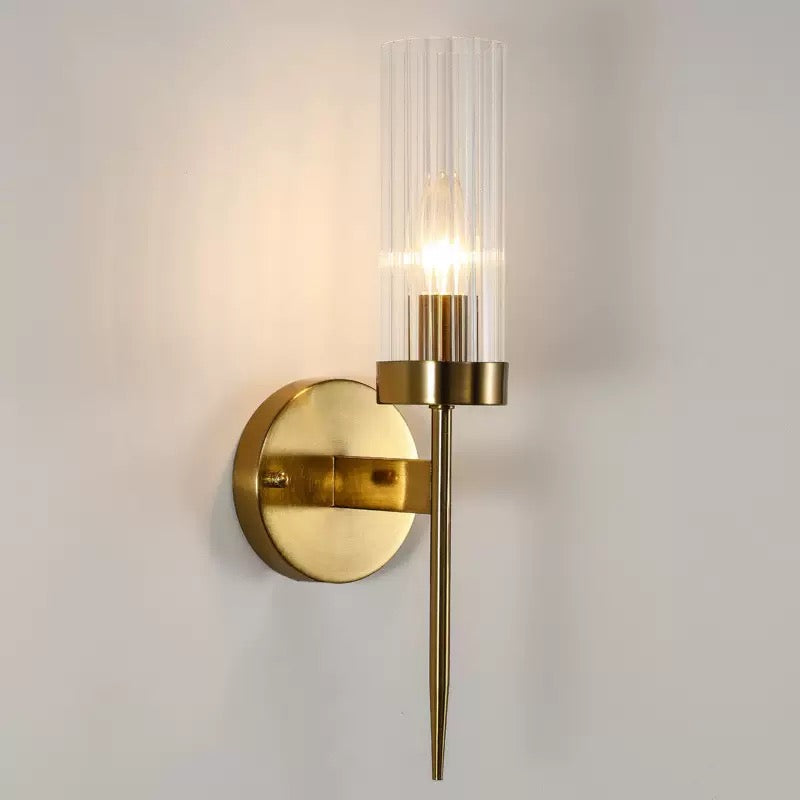 Lume Pillar Gold Wall Lamp – Ribbed Glass & Brushed Brass Finish