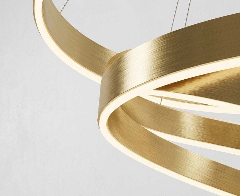 Lume Spiral LED Chandelier – 3-Ring Brushed Gold | Dimmable | Remote Control | Adjustable Suspension