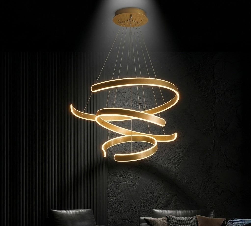 Lume Spiral LED Chandelier – 3-Ring Brushed Gold | Dimmable | Remote Control | Adjustable Suspension