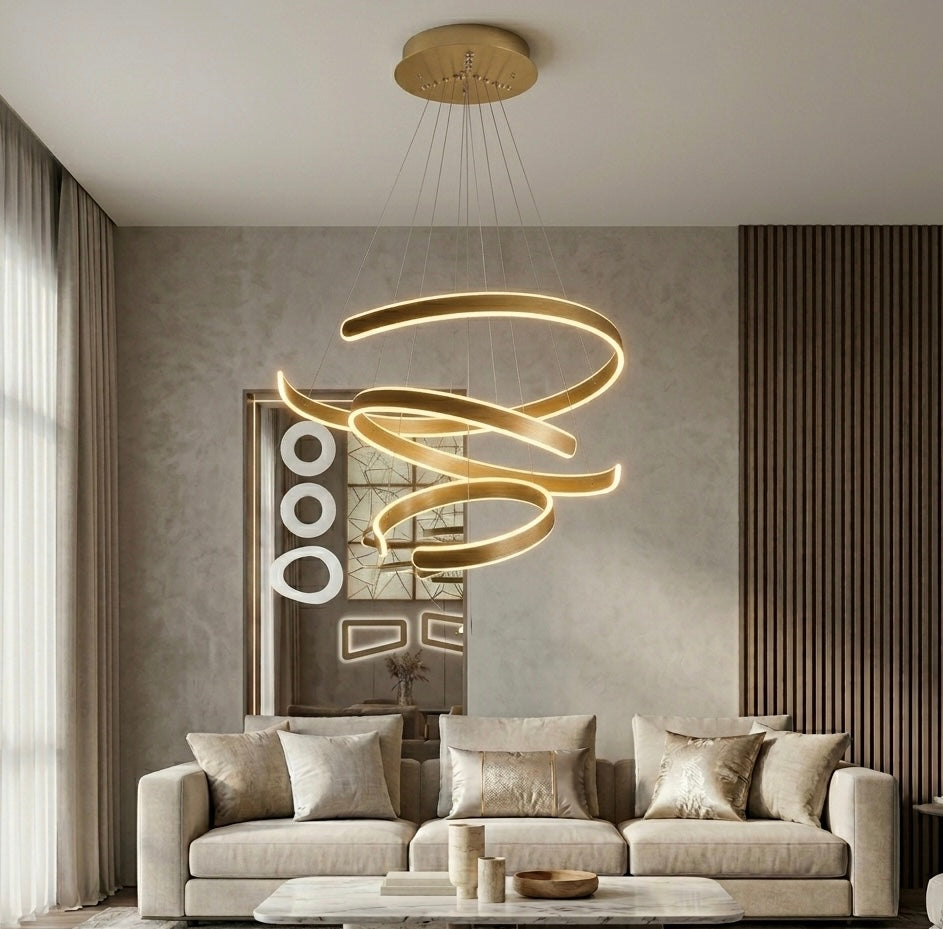 Lume Spiral LED Chandelier – 3-Ring Brushed Gold | Dimmable | Remote Control | Adjustable Suspension