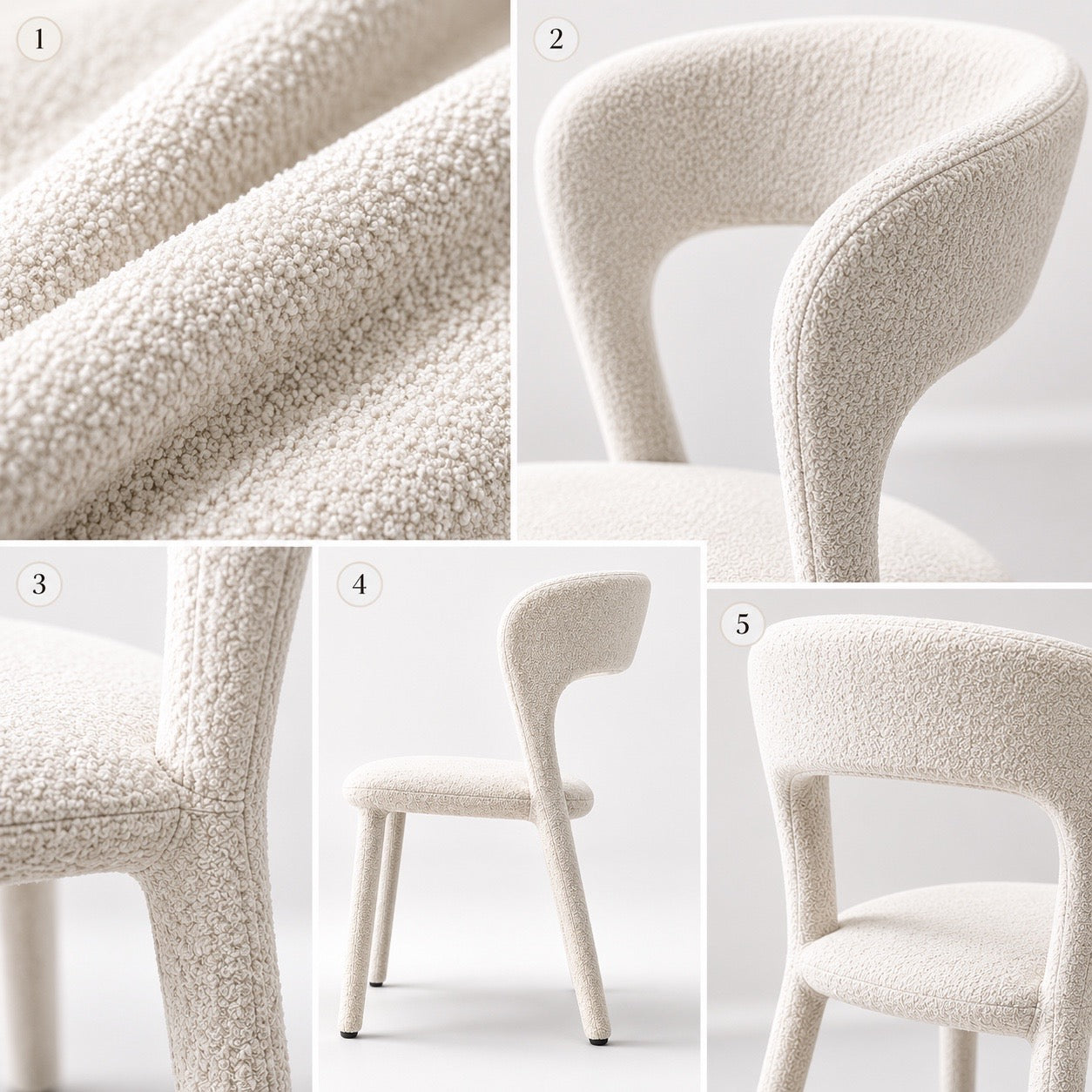 Sculptural Bouclé Dining Chair with Open Backrest – Modern Ivory Upholstered Dining Chair
