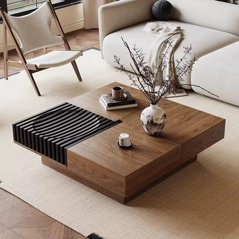 Modern Walnut Coffee Table with Hidden Storage – 100 × 100 × 30 cm