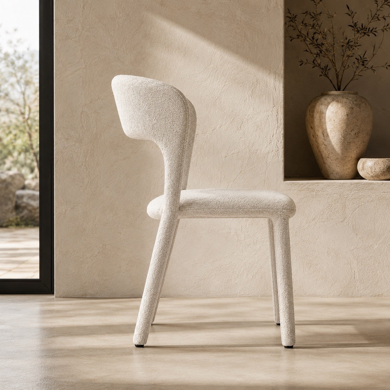 Sculptural Bouclé Dining Chair with Open Backrest – Modern Ivory Upholstered Dining Chair