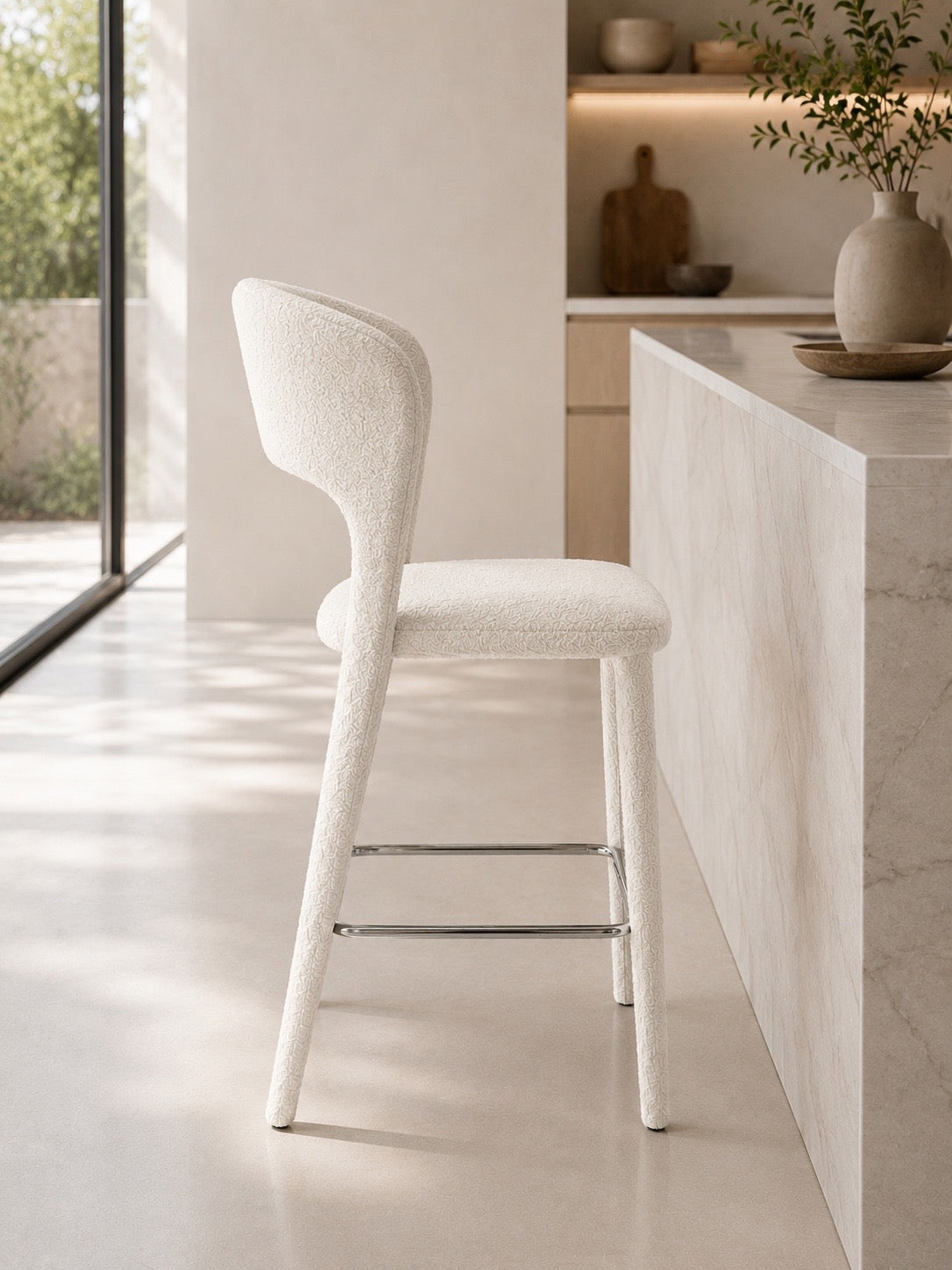 Modern White Bouclé Bar Chair with Chrome Footrest