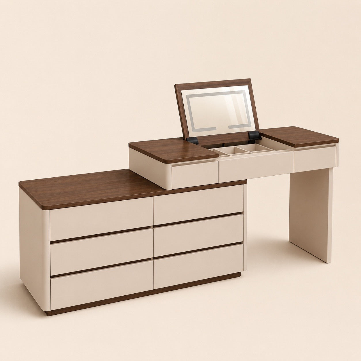 Aria Luxe Dresser Modern Walnut & Beige Vanity Dresser Set with LED Mirror & Storage Drawers