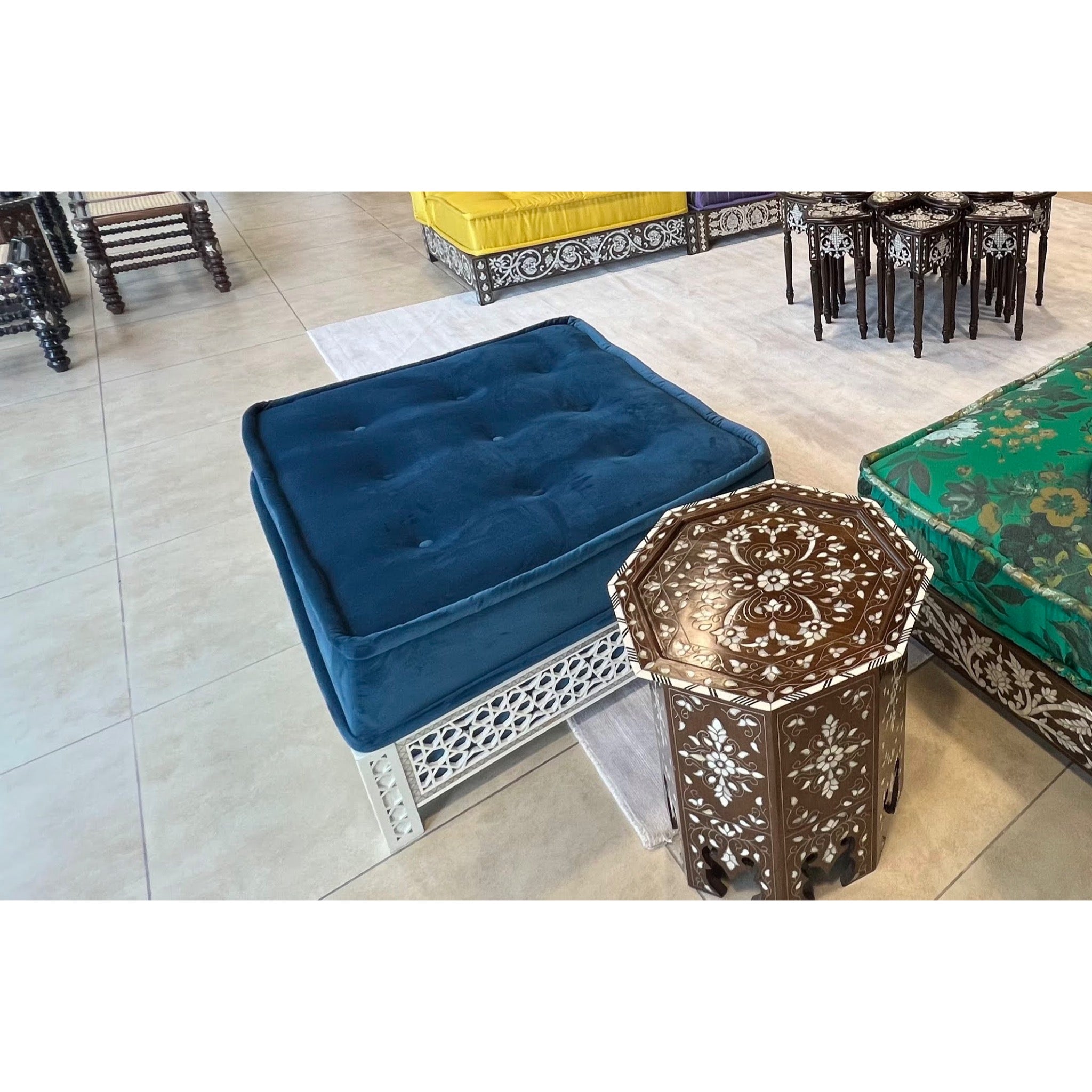 Damascus Mother of Pearl Ottoman - Blue Suede Upholstery