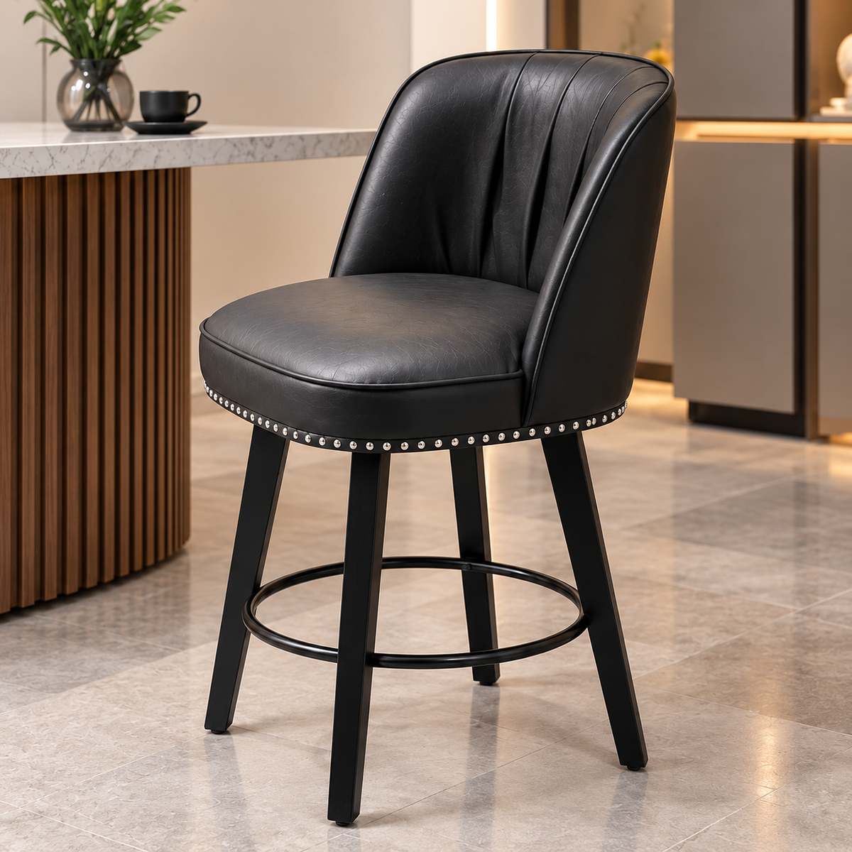 Modern Black Upholstered Bar Stool with Backrest & Footrest