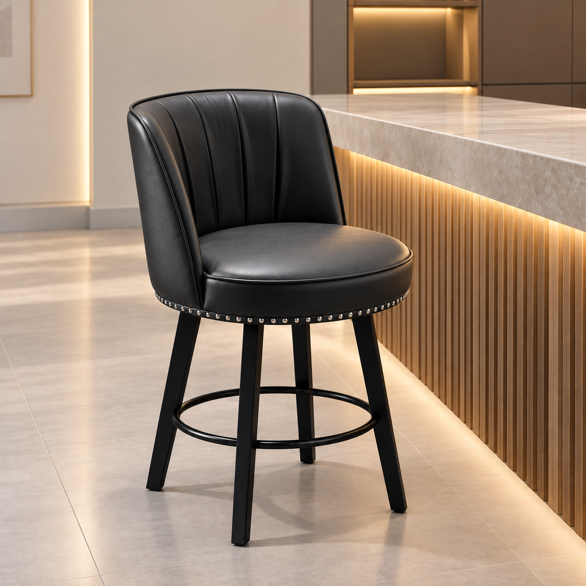 Modern Black Upholstered Bar Stool with Backrest & Footrest