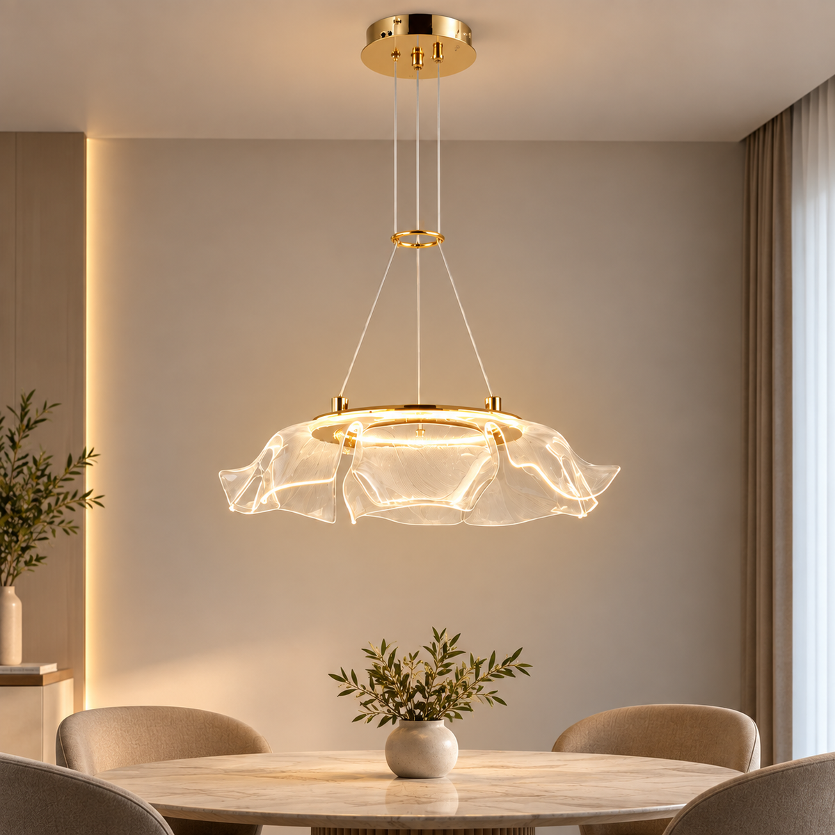 Modern Gold Ripple Glass LED Chandelier D500mm – Sculptural Pendant Light