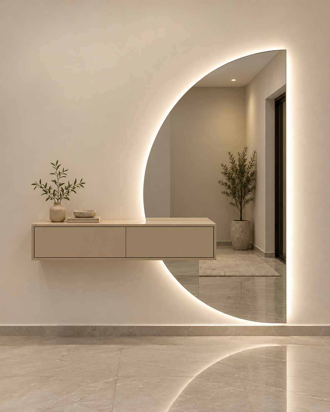Modern Half-Moon LED Wall Mirror with Floating Console 190×100 cm | SHAGHAF HOME UAE