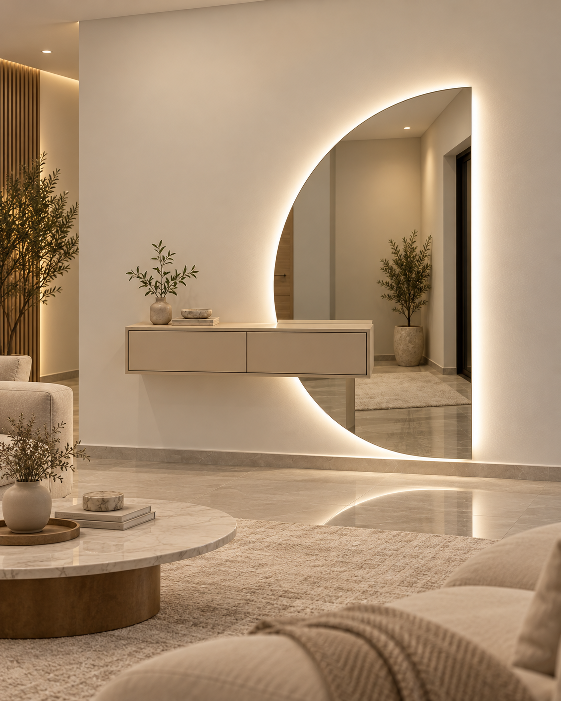 Modern Half-Moon LED Wall Mirror with Floating Console 190×100 cm | SHAGHAF HOME UAE