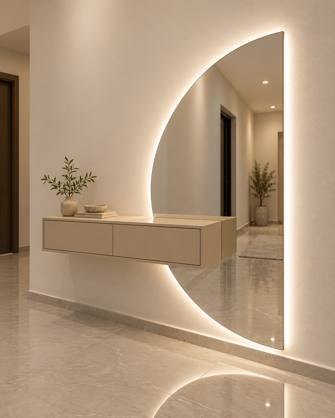 Modern Half-Moon LED Wall Mirror with Floating Console 190×100 cm | SHAGHAF HOME UAE