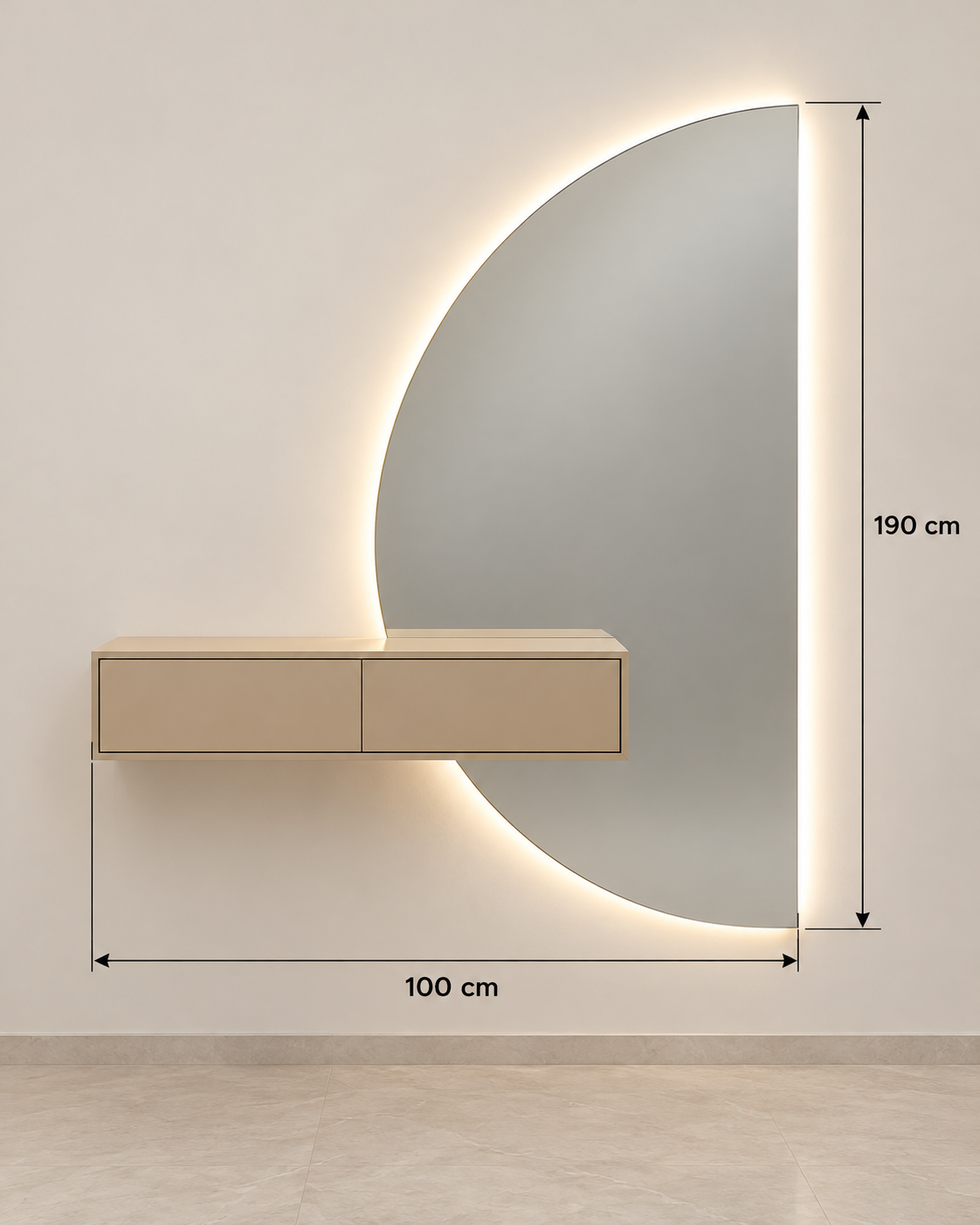 Modern Half-Moon LED Wall Mirror with Floating Console 190×100 cm | SHAGHAF HOME UAE