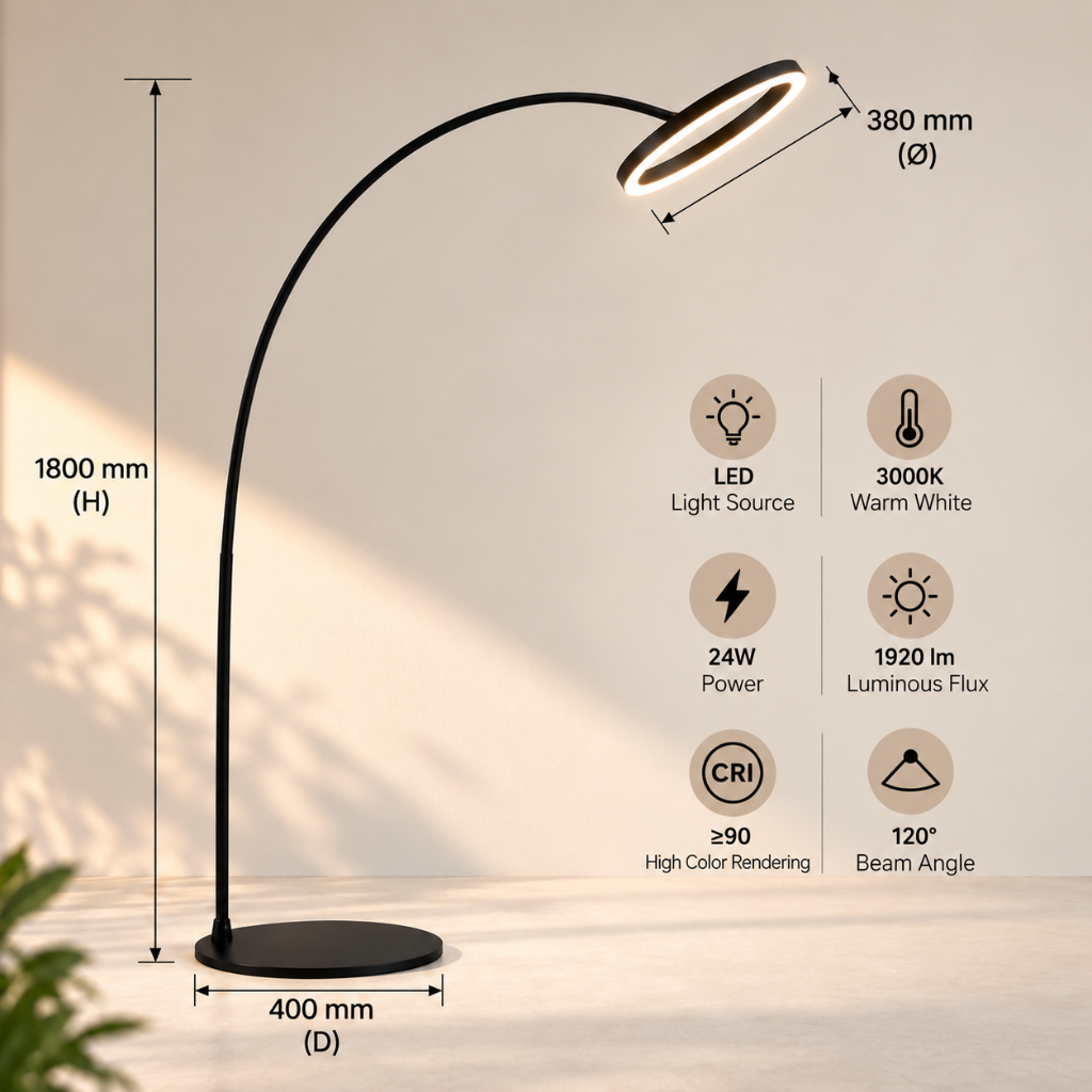 Modern LED Arc Floor Lamp – Black Ring Standing Lamp for Living Room & Bedroom