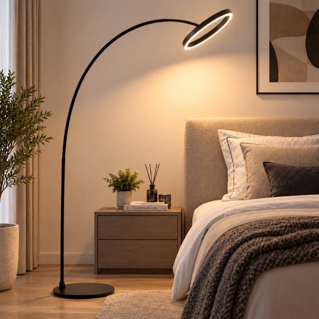 Modern LED Arc Floor Lamp – Black Ring Standing Lamp for Living Room & Bedroom