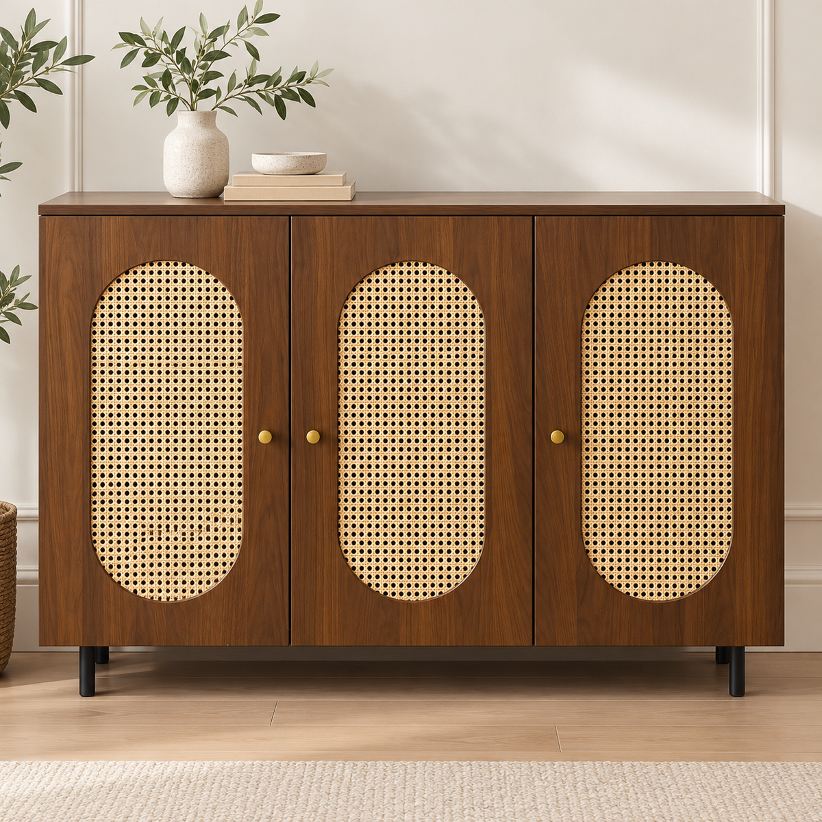 Modern MDF Sideboard Cabinet with Rattan Cane Doors 120×95×35 cm | SHAGHAF HOME UAE