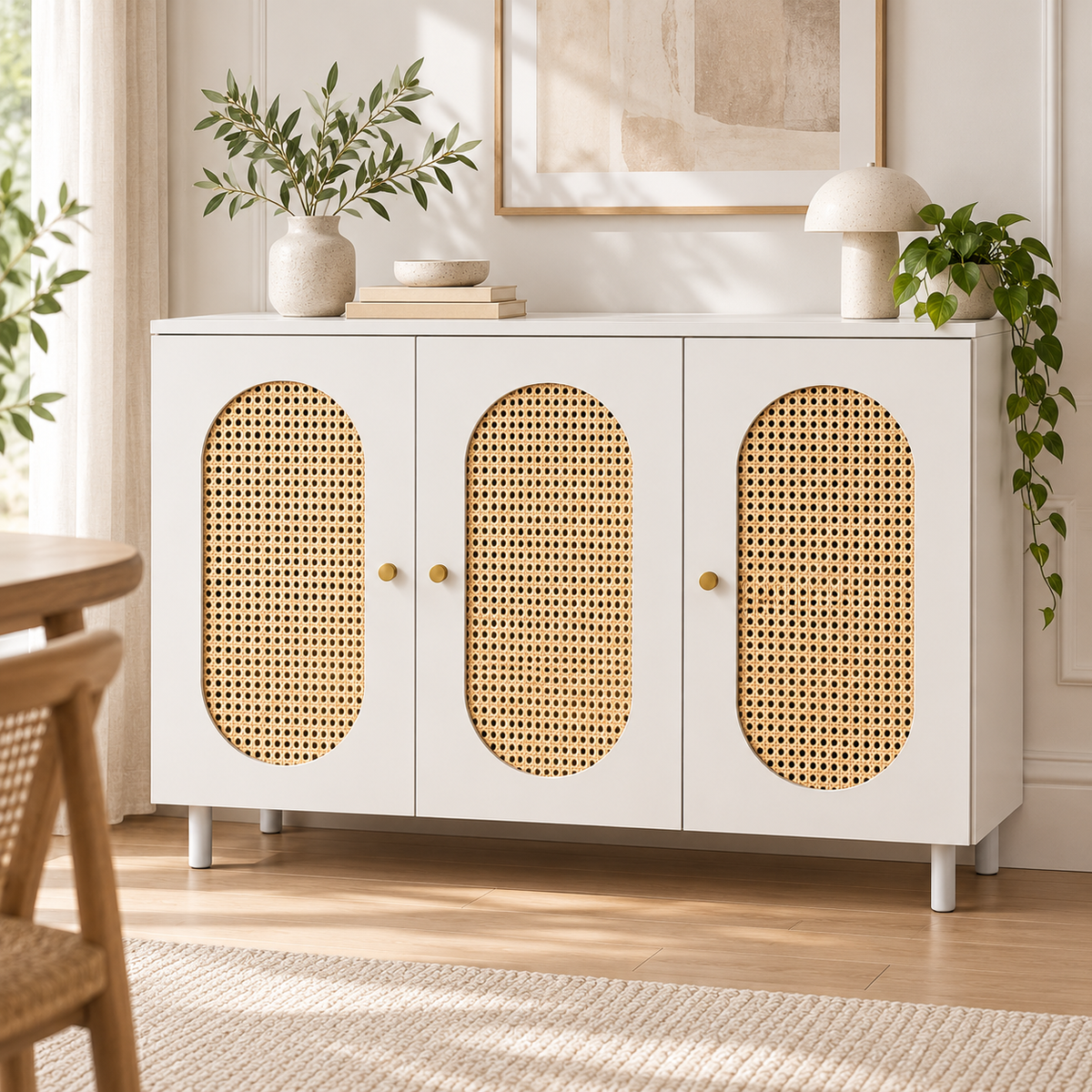 Modern MDF Sideboard Cabinet with Rattan Cane Doors 120×95×35 cm | SHAGHAF HOME UAE